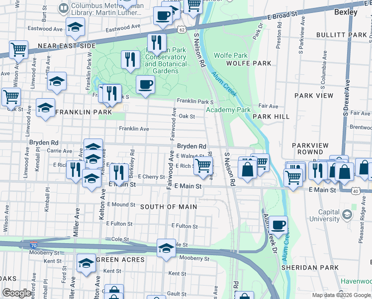 map of restaurants, bars, coffee shops, grocery stores, and more near 1803 Bryden Road in Columbus