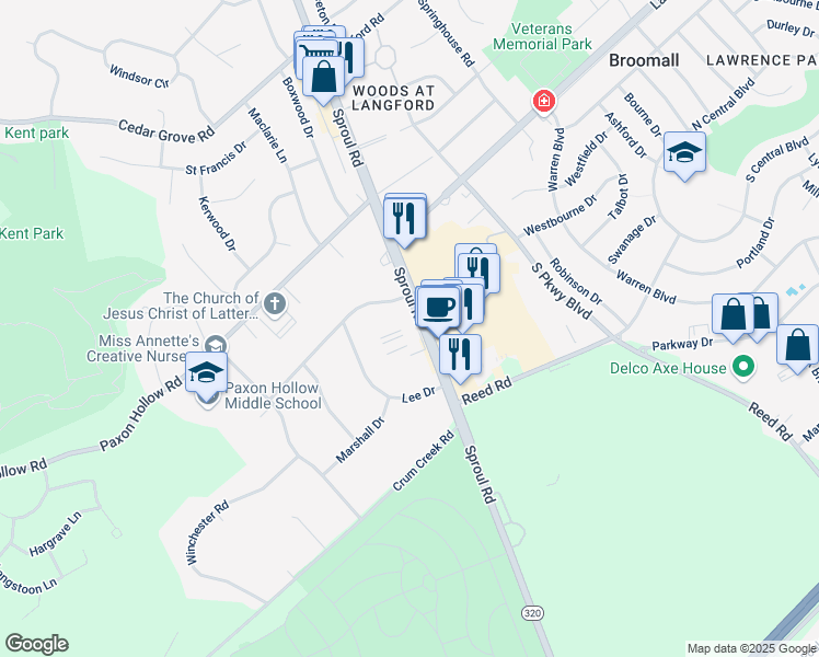 map of restaurants, bars, coffee shops, grocery stores, and more near 603 Williamsburg Drive in Broomall