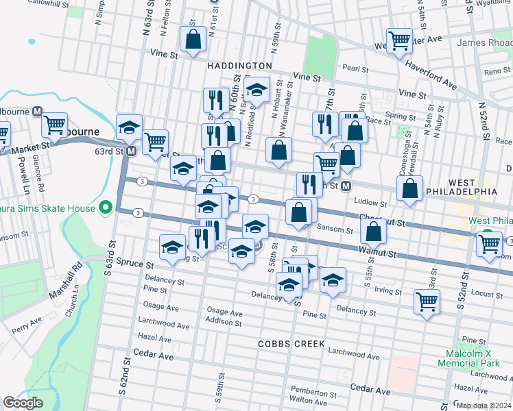 map of restaurants, bars, coffee shops, grocery stores, and more near 5848 Chestnut Street in Philadelphia