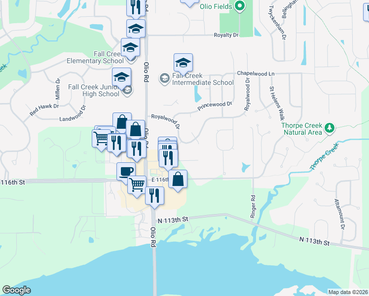 map of restaurants, bars, coffee shops, grocery stores, and more near 13973 Royalwood Drive in Fishers