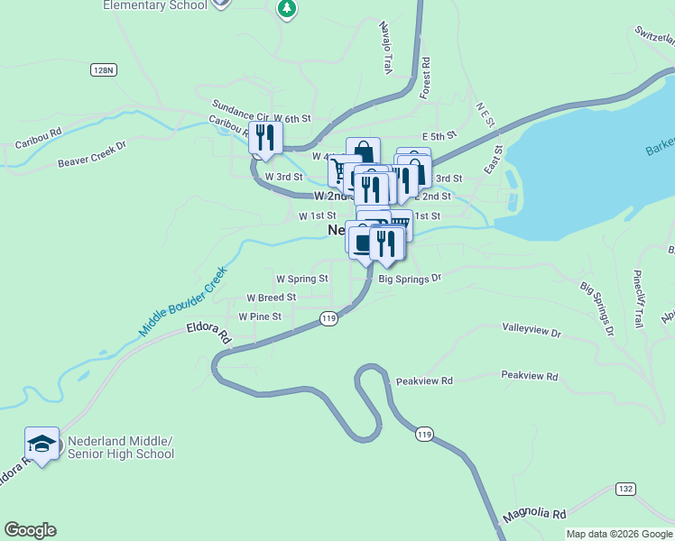 map of restaurants, bars, coffee shops, grocery stores, and more near 108 South Jefferson Street in Nederland