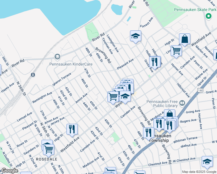 map of restaurants, bars, coffee shops, grocery stores, and more near 1842 48th Street in Pennsauken Township