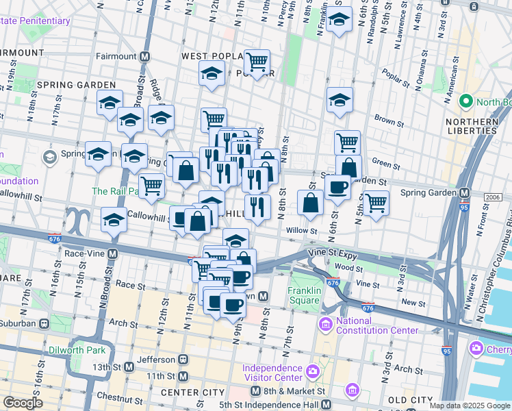 map of restaurants, bars, coffee shops, grocery stores, and more near 450 1/2 North 9th Street in Philadelphia