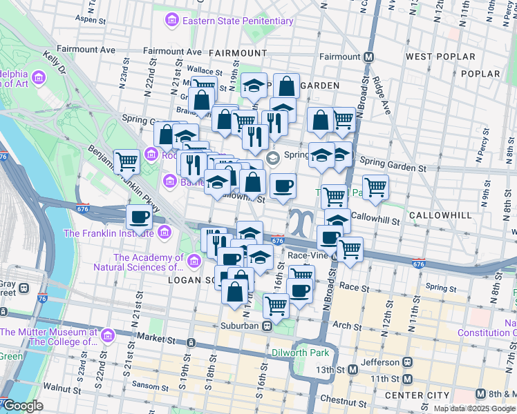 map of restaurants, bars, coffee shops, grocery stores, and more near 2 Franklin Town Boulevard in Philadelphia