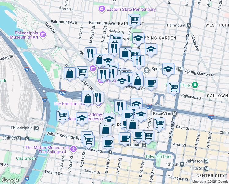map of restaurants, bars, coffee shops, grocery stores, and more near 315 North 20th Street in Philadelphia