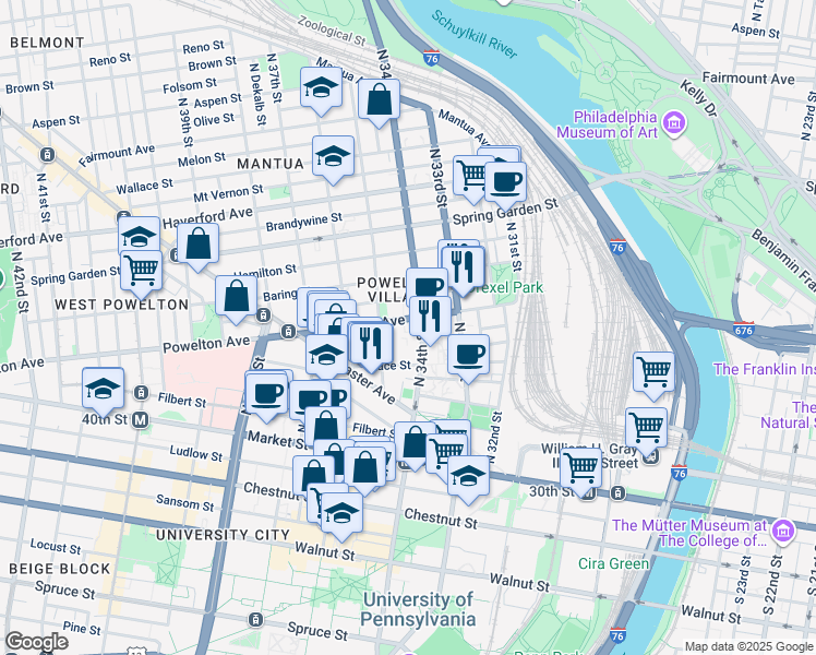 map of restaurants, bars, coffee shops, grocery stores, and more near in Philadelphia