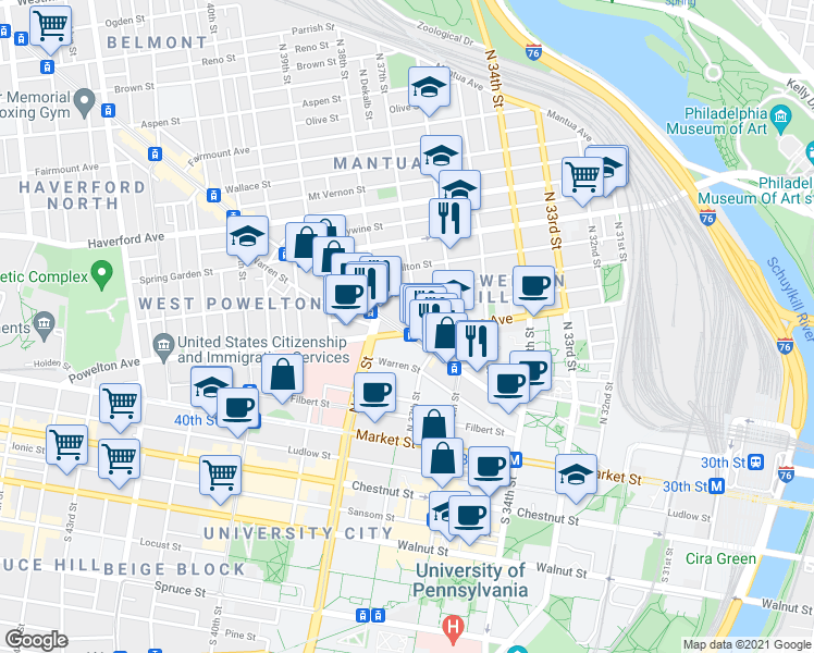 map of restaurants, bars, coffee shops, grocery stores, and more near in Philadelphia