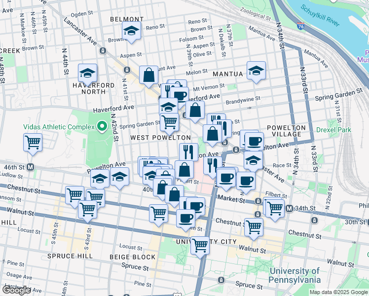 map of restaurants, bars, coffee shops, grocery stores, and more near 3907 Powelton Avenue in Philadelphia