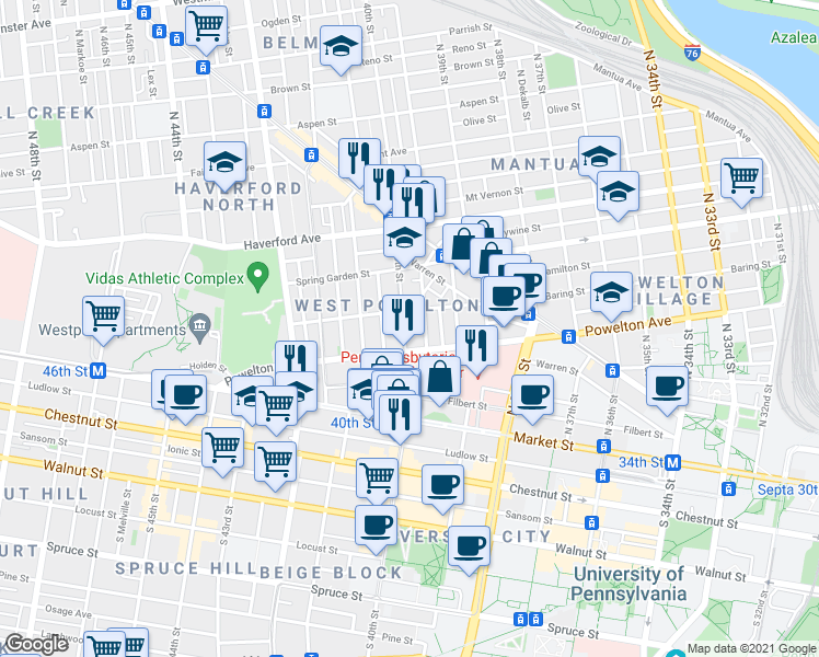 map of restaurants, bars, coffee shops, grocery stores, and more near 318 North 40th Street in Philadelphia