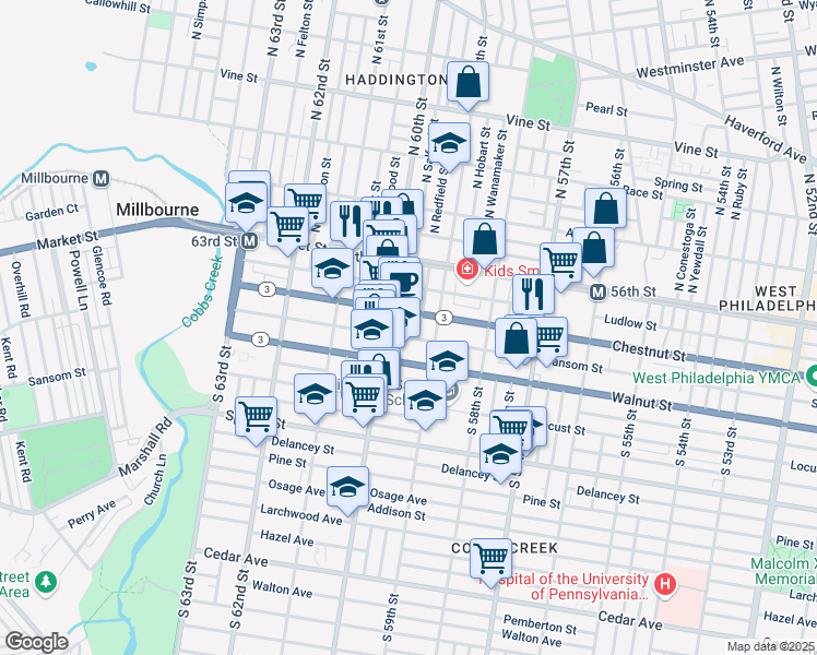 map of restaurants, bars, coffee shops, grocery stores, and more near 114 South Redfield Street in Philadelphia