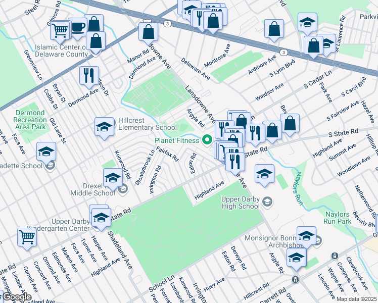 map of restaurants, bars, coffee shops, grocery stores, and more near 869 Windermere Avenue in Drexel Hill