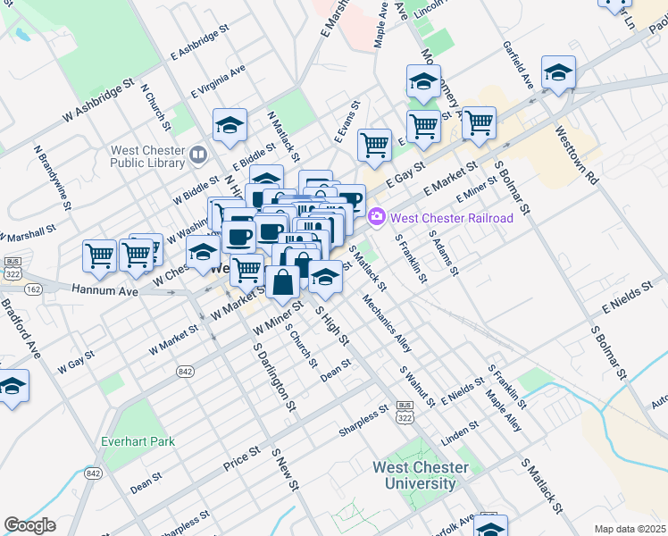 map of restaurants, bars, coffee shops, grocery stores, and more near 40 South Walnut Street in West Chester