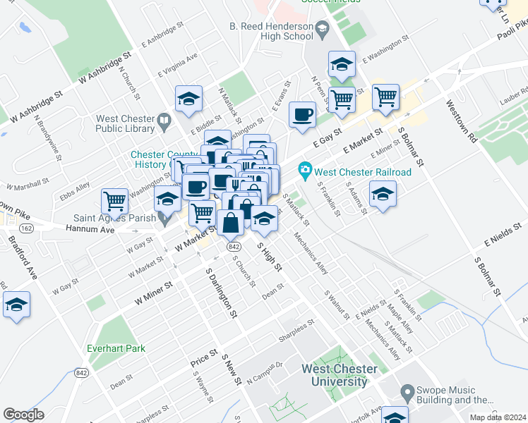 map of restaurants, bars, coffee shops, grocery stores, and more near 40 South Walnut Street in West Chester