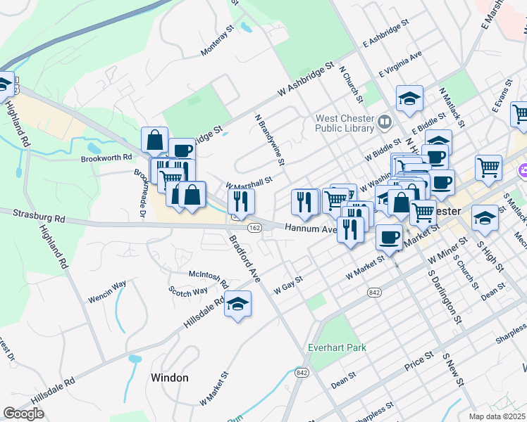 map of restaurants, bars, coffee shops, grocery stores, and more near 37 Seven Oaks in West Chester