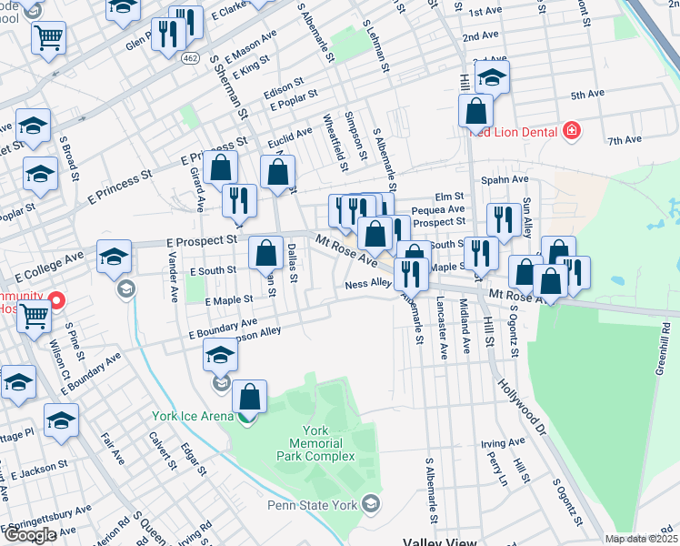 map of restaurants, bars, coffee shops, grocery stores, and more near 1006-1/2 Mount Rose Avenue in York