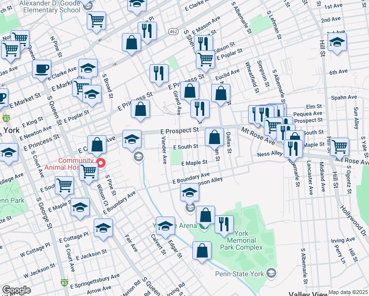 map of restaurants, bars, coffee shops, grocery stores, and more near 535 Girard Avenue in York