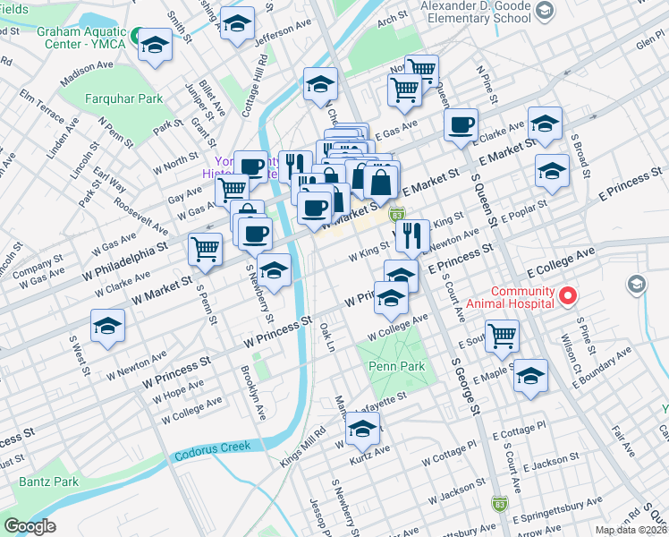 map of restaurants, bars, coffee shops, grocery stores, and more near 54 South Pershing Avenue in York