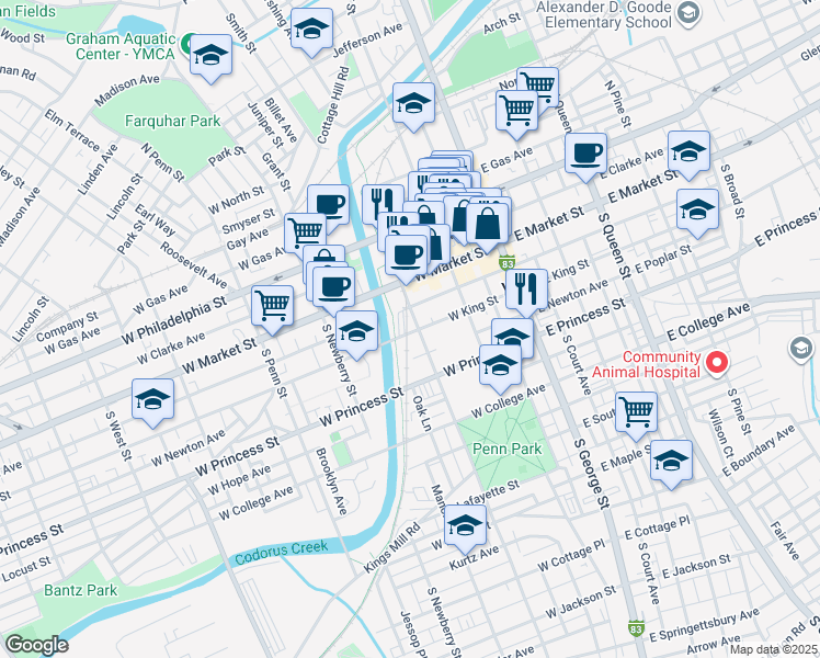 map of restaurants, bars, coffee shops, grocery stores, and more near 54 South Pershing Avenue in York