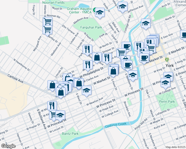 map of restaurants, bars, coffee shops, grocery stores, and more near 466 West Philadelphia Street in York