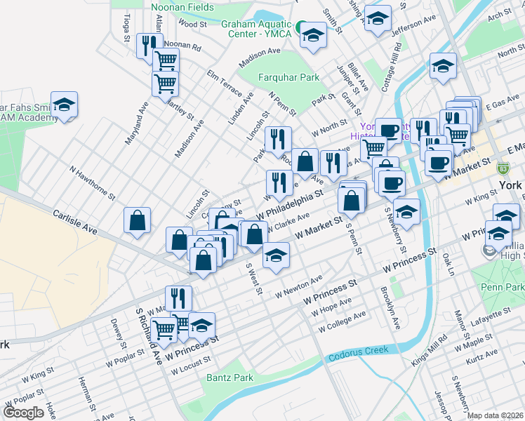 map of restaurants, bars, coffee shops, grocery stores, and more near 513 West Philadelphia Street in York