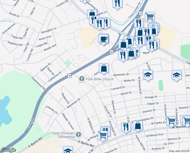 map of restaurants, bars, coffee shops, grocery stores, and more near 2191 Hess Road in York