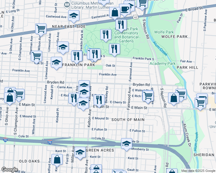 map of restaurants, bars, coffee shops, grocery stores, and more near 1639 Bryden Road in Columbus