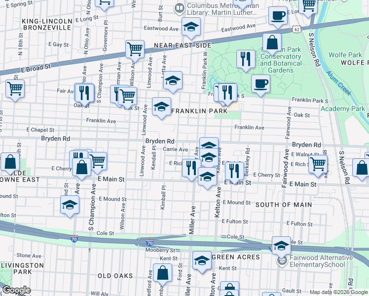 map of restaurants, bars, coffee shops, grocery stores, and more near 1411 Bryden Road in Columbus