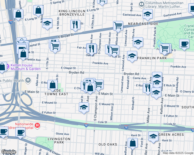 map of restaurants, bars, coffee shops, grocery stores, and more near 277 South Champion Avenue in Columbus