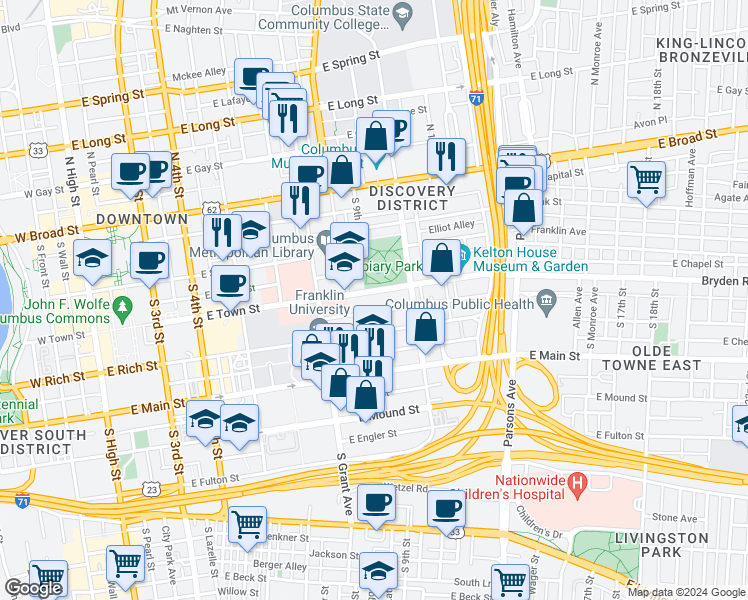 map of restaurants, bars, coffee shops, grocery stores, and more near 463 East Town Street in Columbus