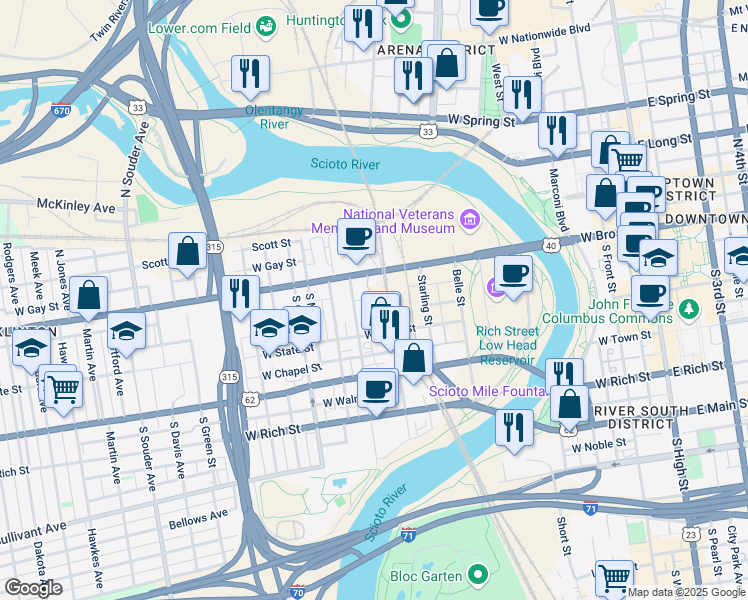 map of restaurants, bars, coffee shops, grocery stores, and more near 451 West Broad Street in Columbus