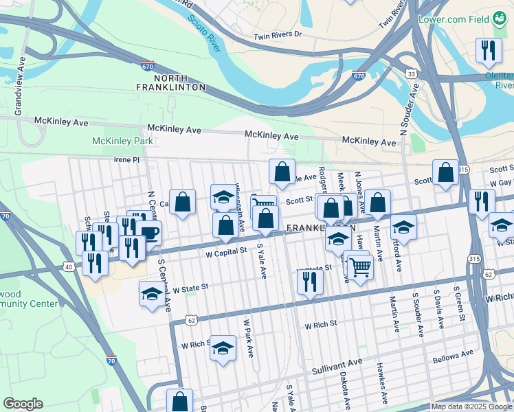 map of restaurants, bars, coffee shops, grocery stores, and more near 73 North Yale Avenue in Columbus