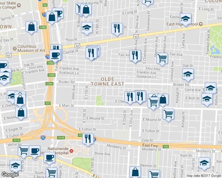 map of restaurants, bars, coffee shops, grocery stores, and more near 255 South 20th Street in Columbus