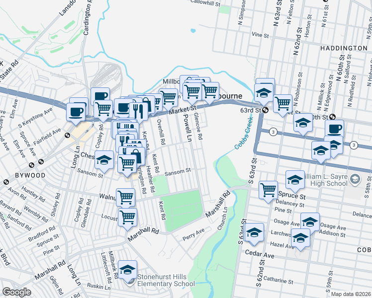 map of restaurants, bars, coffee shops, grocery stores, and more near 109 Wellington Road in Delaware County