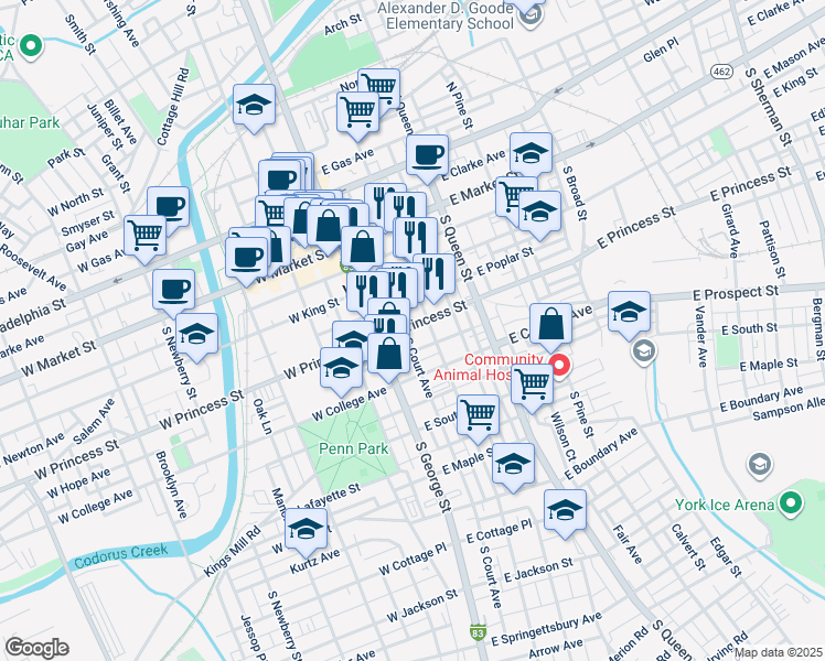 map of restaurants, bars, coffee shops, grocery stores, and more near 40 East Princess Street in York