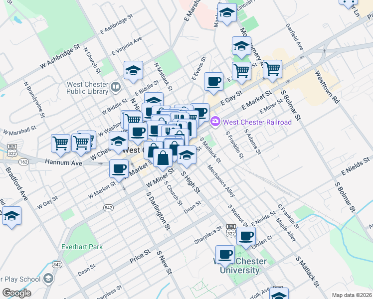 map of restaurants, bars, coffee shops, grocery stores, and more near 40 South Walnut Street in West Chester