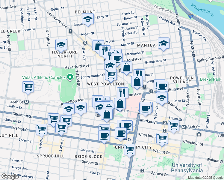 map of restaurants, bars, coffee shops, grocery stores, and more near 325 North 40th Street in Philadelphia