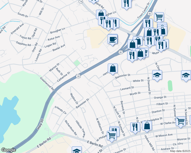 map of restaurants, bars, coffee shops, grocery stores, and more near 865 Old Taxville Road in York