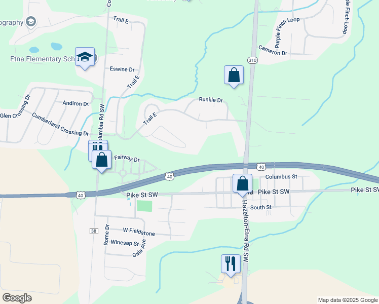 map of restaurants, bars, coffee shops, grocery stores, and more near 175 Pebble Creek Drive in Pataskala