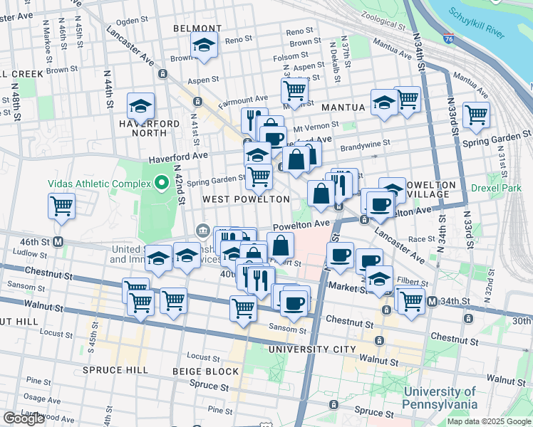 map of restaurants, bars, coffee shops, grocery stores, and more near 326 Sloan Street in Philadelphia