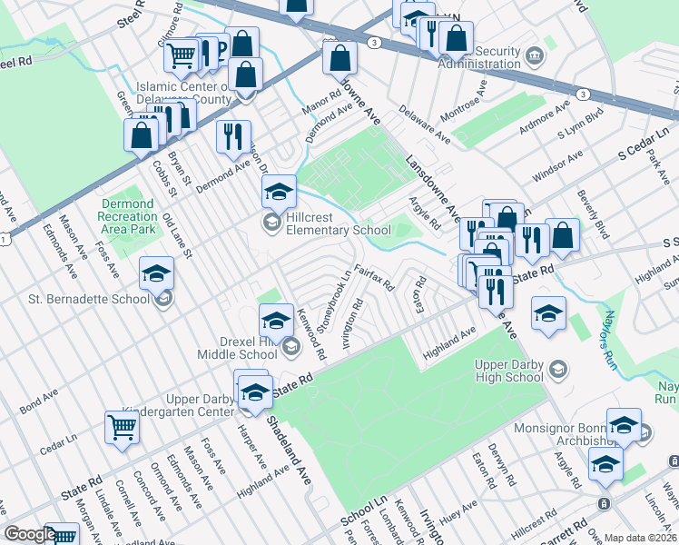 map of restaurants, bars, coffee shops, grocery stores, and more near 923 Brenton Road in Drexel Hill