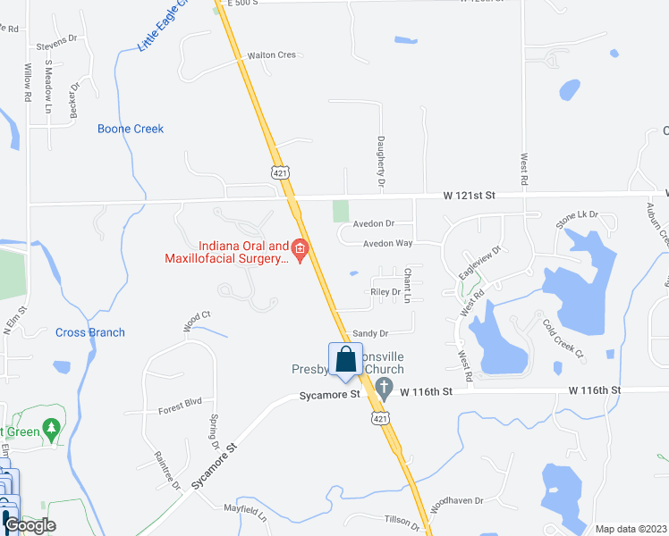 map of restaurants, bars, coffee shops, grocery stores, and more near 11755 North Michigan Road in Zionsville