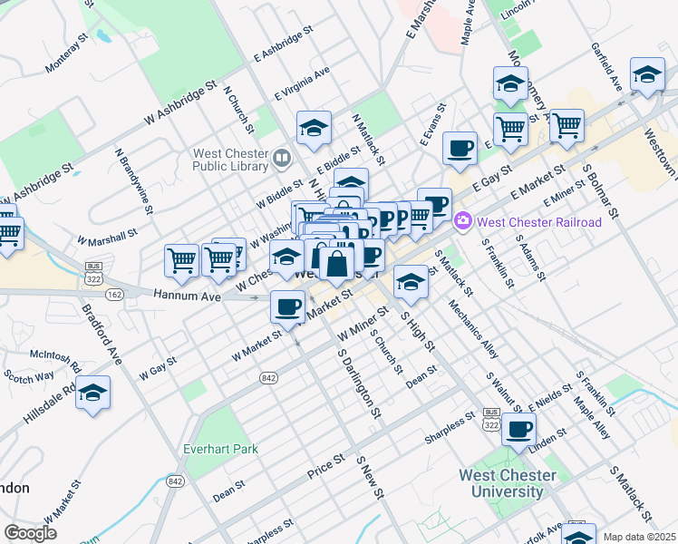 map of restaurants, bars, coffee shops, grocery stores, and more near in West Chester