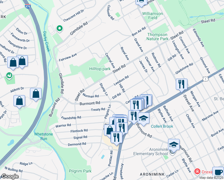 map of restaurants, bars, coffee shops, grocery stores, and more near 1319 Leedom Road in Havertown