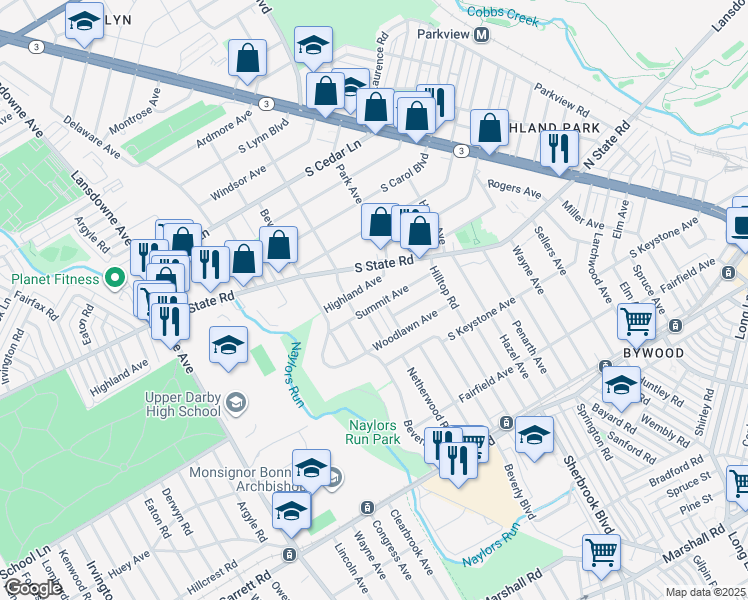 map of restaurants, bars, coffee shops, grocery stores, and more near 136 Summit Avenue in Delaware County