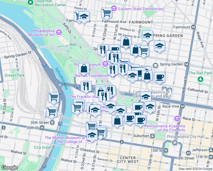 map of restaurants, bars, coffee shops, grocery stores, and more near 2100 Benjamin Franklin Parkway in Philadelphia