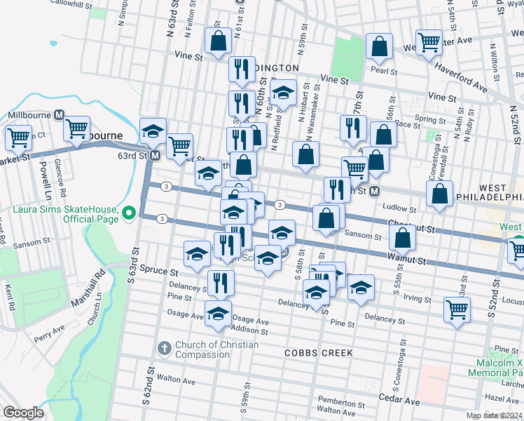 map of restaurants, bars, coffee shops, grocery stores, and more near 114 South Redfield Street in Philadelphia