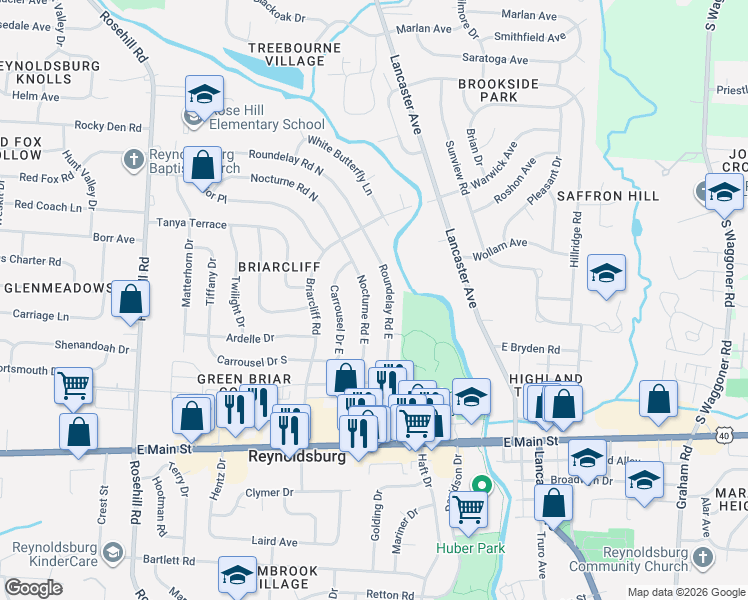 map of restaurants, bars, coffee shops, grocery stores, and more near 1124 Nocturne Road East in Reynoldsburg