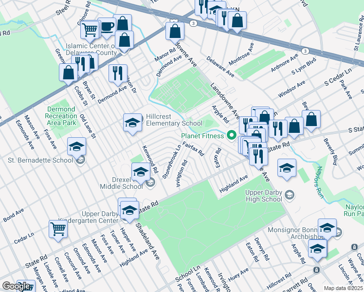 map of restaurants, bars, coffee shops, grocery stores, and more near 2504 Stoneybrook Lane in Upper Darby