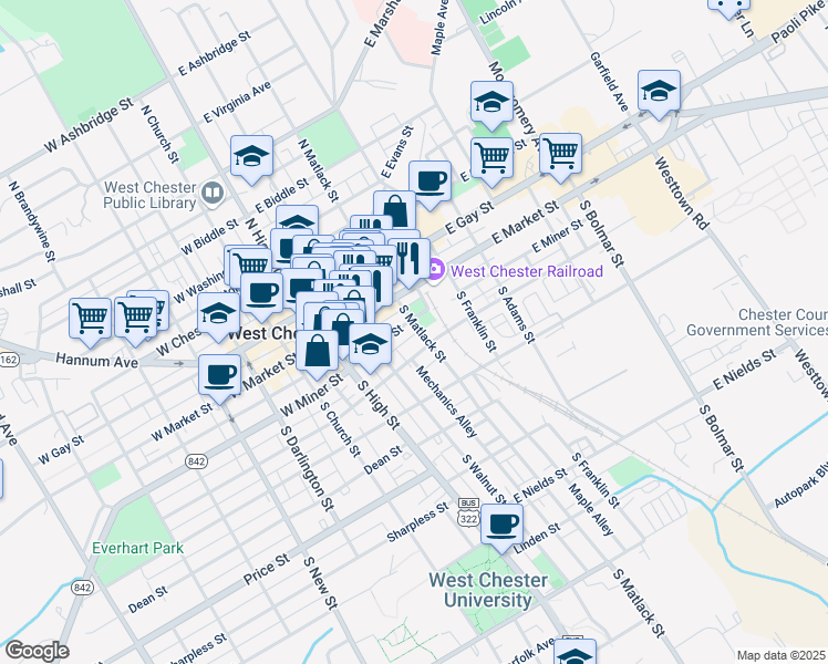 map of restaurants, bars, coffee shops, grocery stores, and more near 110 South Matlack Street in West Chester