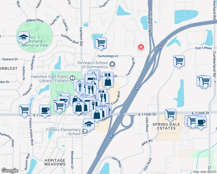map of restaurants, bars, coffee shops, grocery stores, and more near 11750 Commercial Drive in Fishers